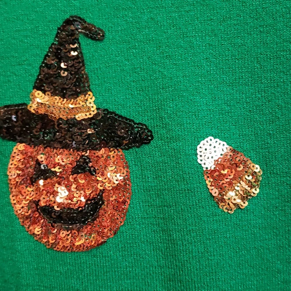 Victoria Harbour Kelly Green Sweater with Sequined Pumpkins and Candy Corn - Picture 3 of 7